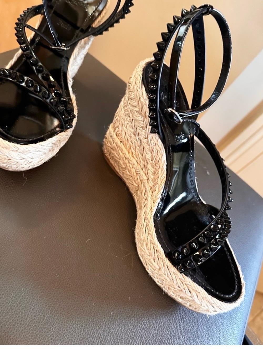 Christian Louboutin Black Patent Studded Espadrille Wedge Sandals size 9